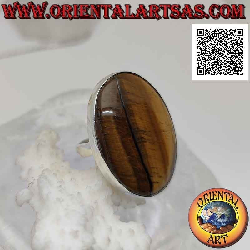Silver ring with large oval tiger eye with vertical streaks on smooth setting (adjustable)