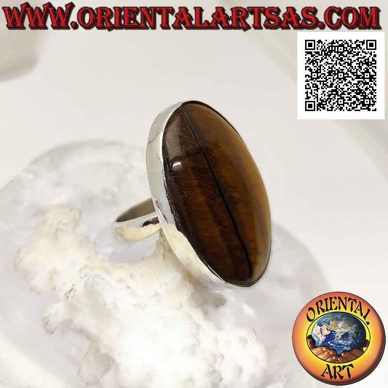 Anillo de plata con gran ojo de tigre ovalado con rayas verticales en engaste suave (ajustable)