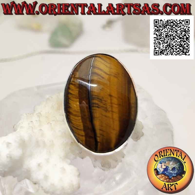 Anello in argento con grande occhio di tigre ovale a striature verticali su montatura liscia (regolabile)