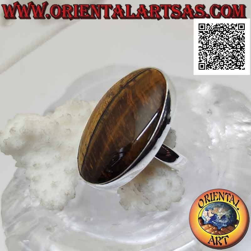 Bague en argent avec grand oeil de tigre ovale avec stries verticales sur serti lisse (réglable)