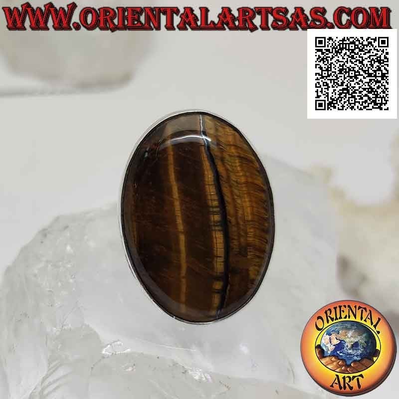 Bague en argent avec grand oeil de tigre ovale avec stries verticales sur serti lisse (réglable)