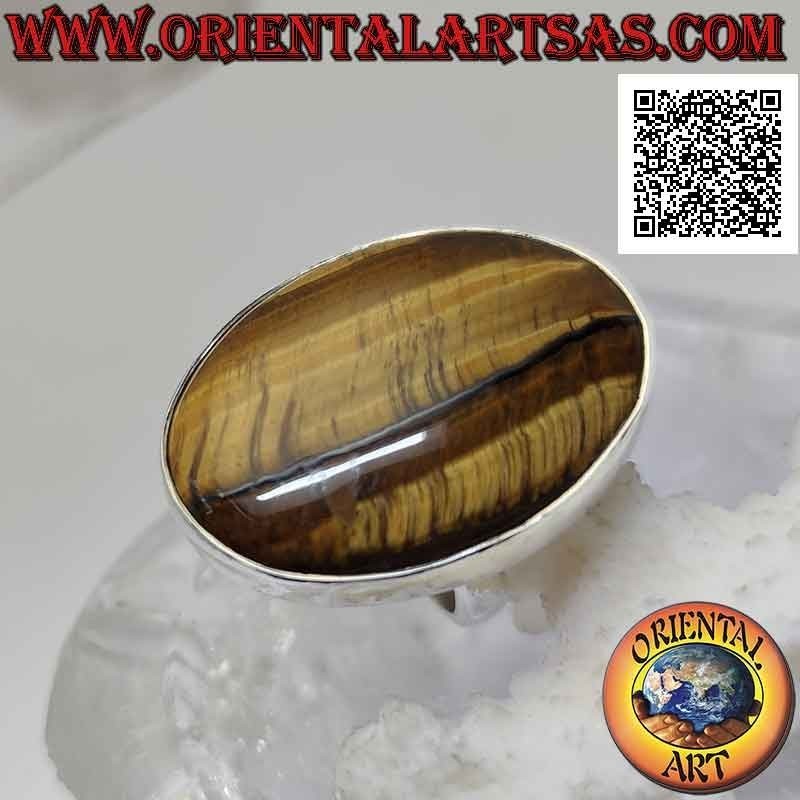 Bague en argent avec grand oeil de tigre ovale avec stries verticales sur serti lisse (réglable)