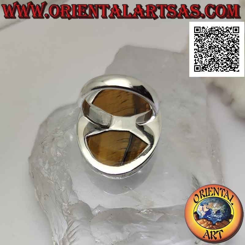 Bague en argent avec grand oeil de tigre ovale avec stries verticales sur serti lisse (réglable)