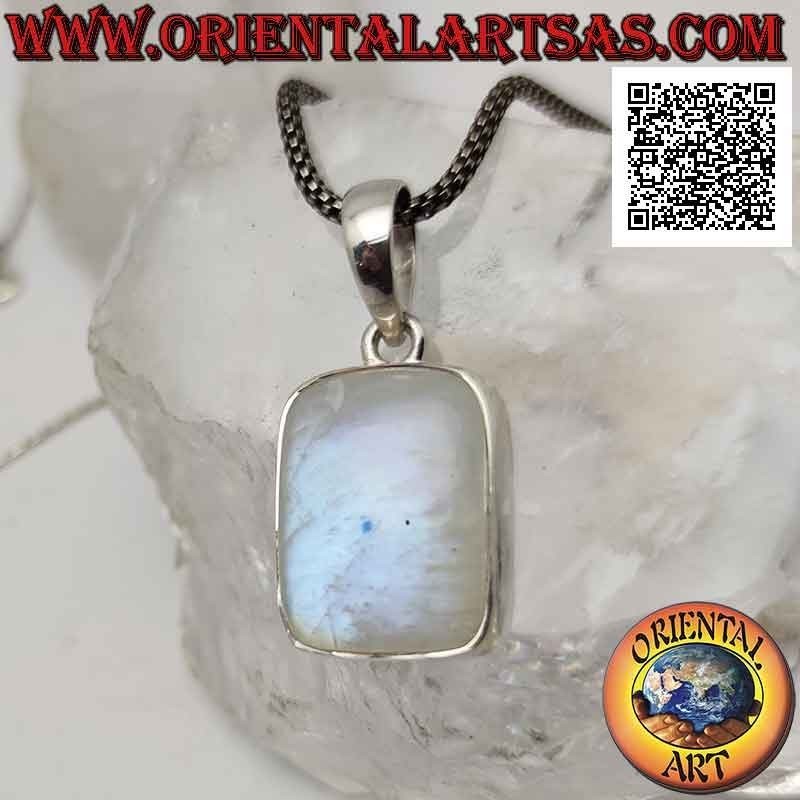 Pendentif en argent avec cabochon rectangulaire biseauté pierre de lune arc-en-ciel sur serti lisse