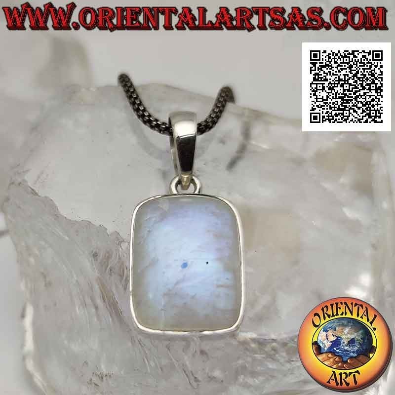 Colgante de plata con piedra lunar arcoíris cabujón biselado rectangular en engaste liso