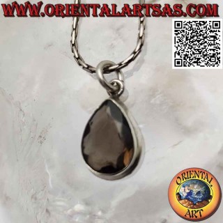 Colgante de plata con cuarzo ahumado en forma de lágrima facetada en engaste liso