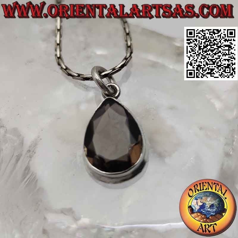 Silver pendant with faceted teardrop smoky quartz on smooth setting