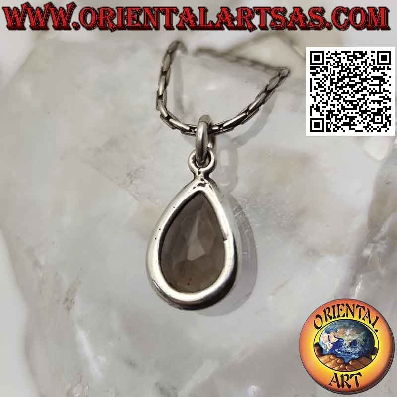 Pendentif en argent avec quartz fumé goutte facetté sur serti lisse