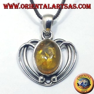 Silver Heart Pendant with Amber Oval