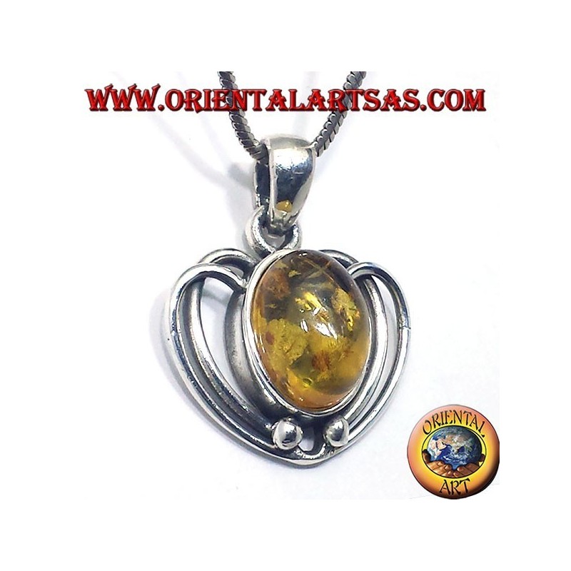 Argent Pendentif Coeur avec Amber Oval