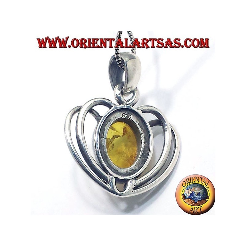 Silver Heart Pendant with Amber Oval