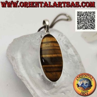 Silver pendant with large oval tiger eye with horizontal streaks on a smooth frame