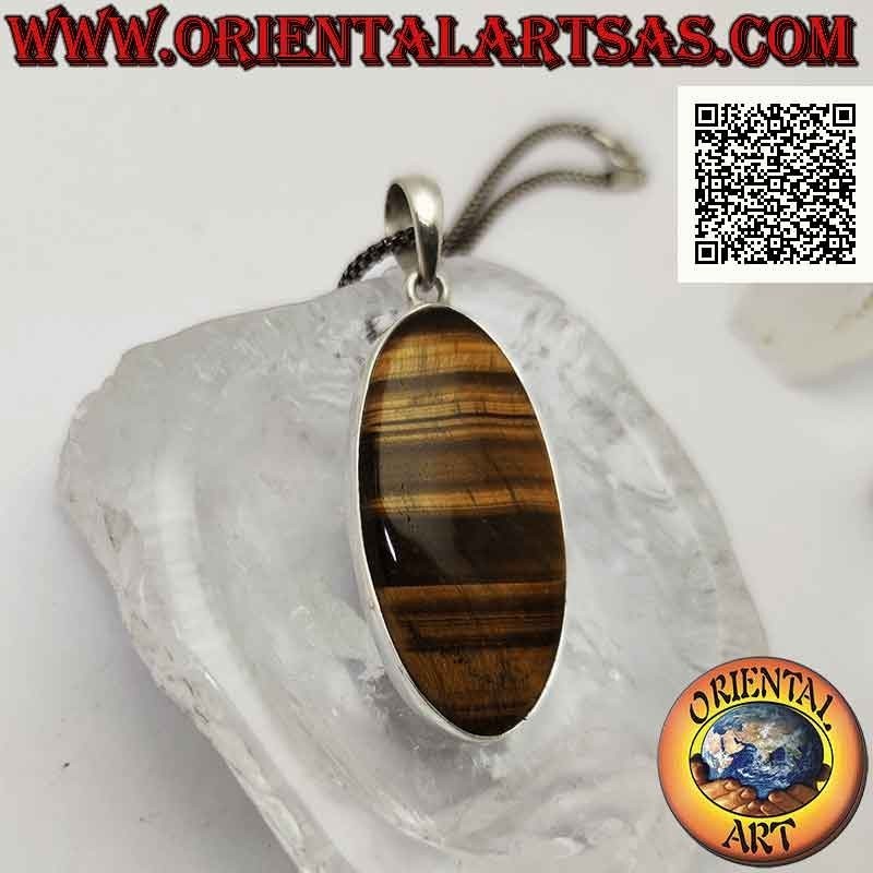 Silver pendant with large oval tiger eye with horizontal streaks on a smooth frame