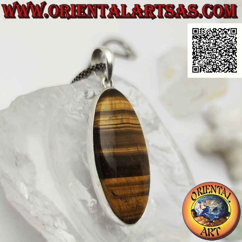 Ciondolo in argento con grande occhio di tigre ovale a striature orizzontali su montatura liscia