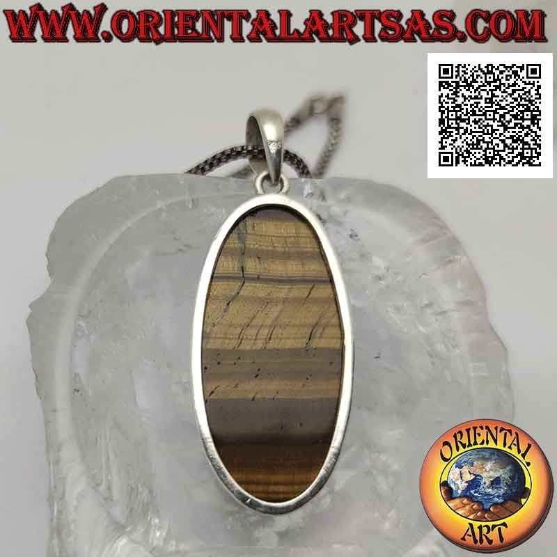 Silver pendant with large oval tiger eye with horizontal streaks on a smooth frame