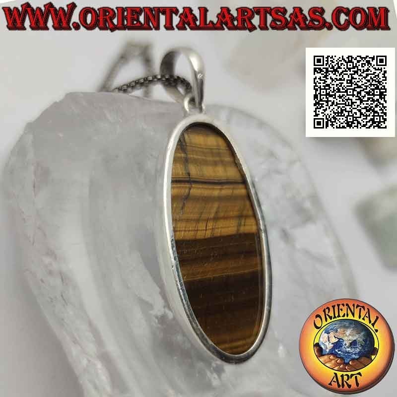 Silver pendant with large oval tiger eye with horizontal streaks on a smooth frame