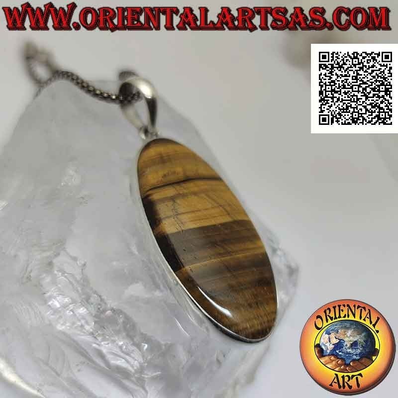 Silver pendant with large oval tiger eye with horizontal streaks on a smooth frame