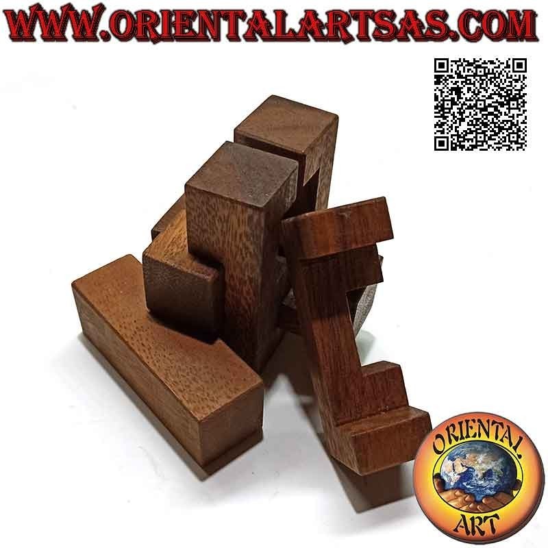 Juego de lógica (rompecabezas), "nudo del diablo" (también llamado cruz del diablo) en madera de suar