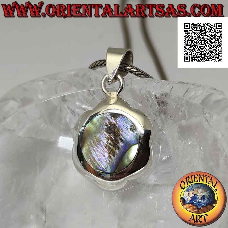 Pendentif en argent, fleur ronde avec ormeau rond central (coquillage paua) (A)