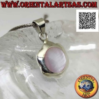 Silver pendant, round flower with central round pink fluorescent mother-of-pearl (flat)