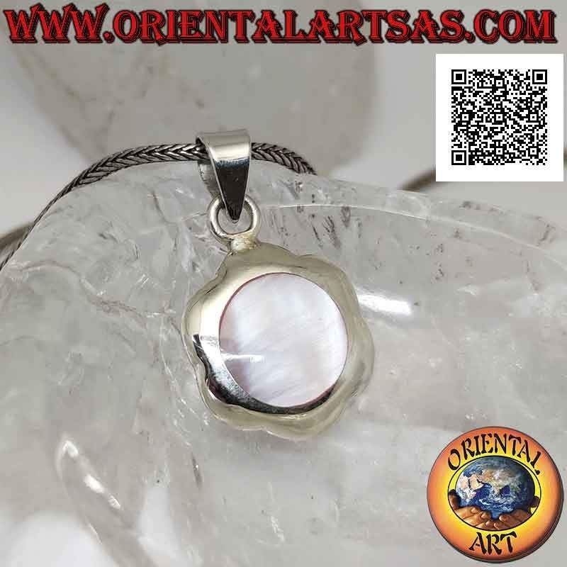 Silver pendant, round flower with central round pink fluorescent mother-of-pearl (flat)