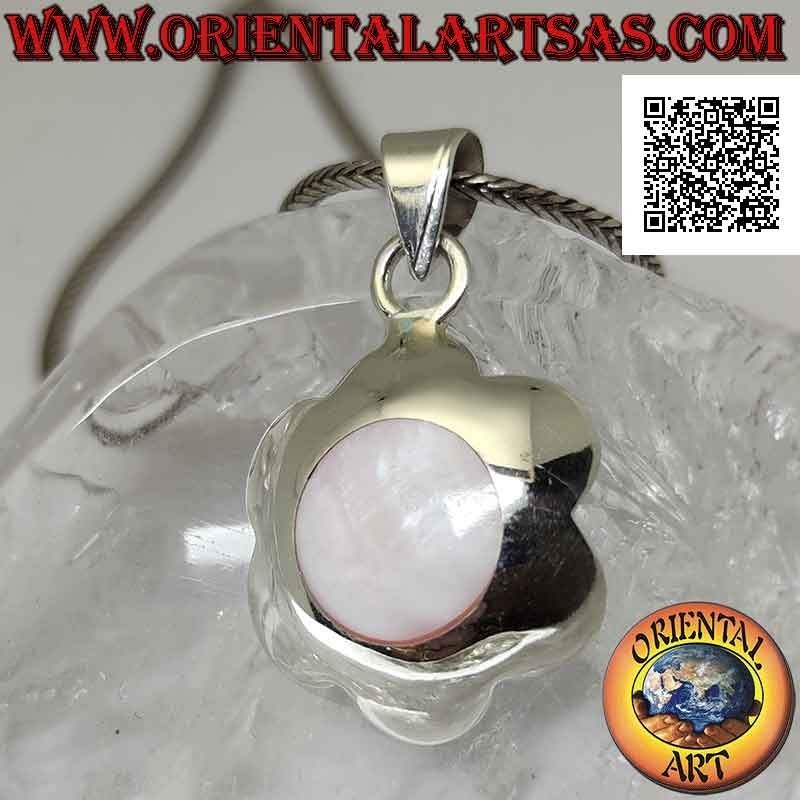 Silver pendant, round flower with central round pink fluorescent mother-of-pearl (rounded)