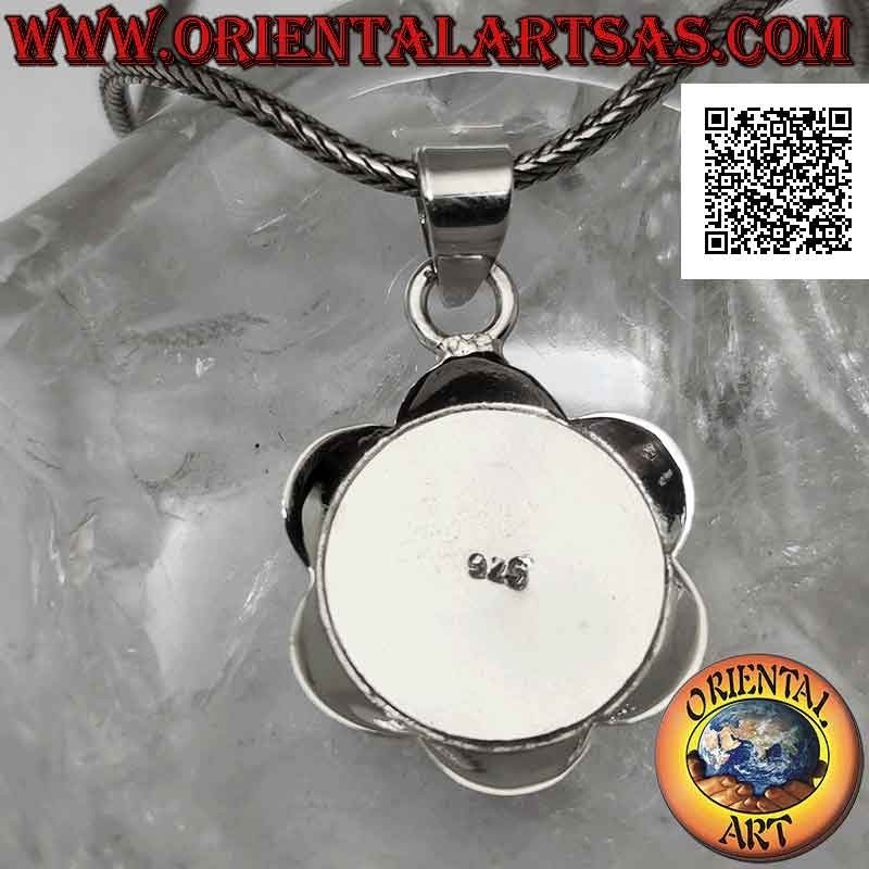 Silver pendant, round flower with central round pink fluorescent mother-of-pearl (rounded)