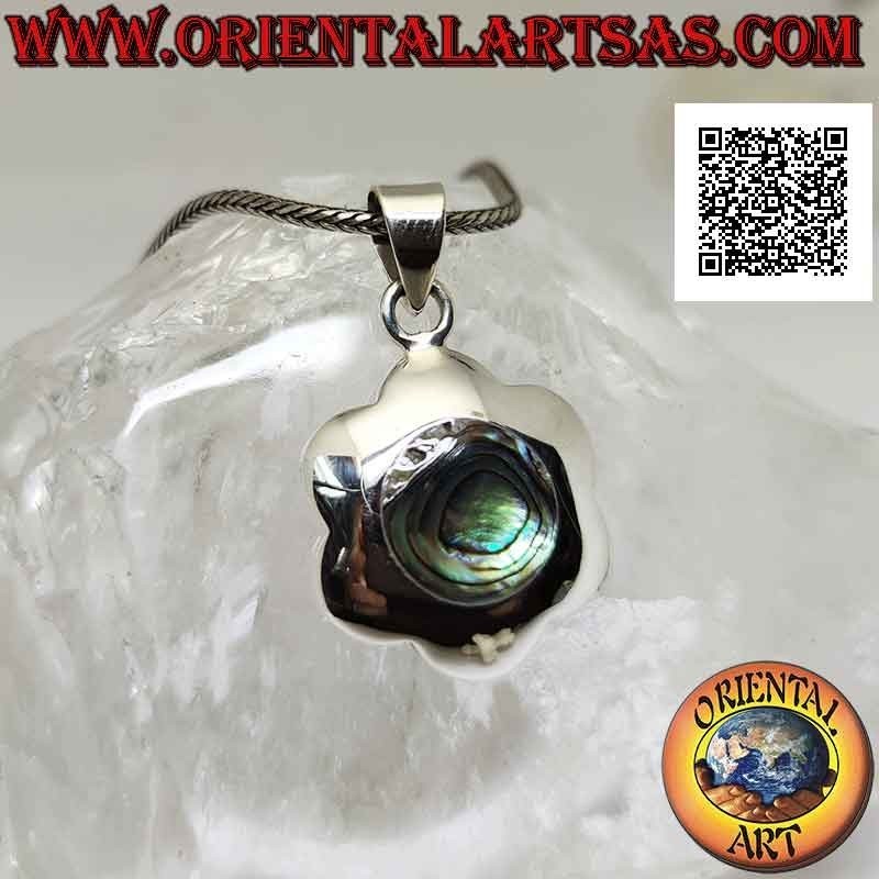 Ciondolo in argento, fiore tondeggiante con abalone (paua shell) tondo centrale (bombato)
