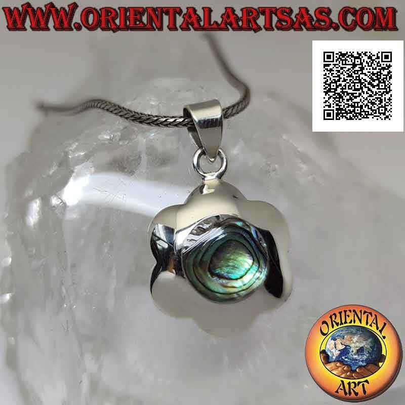 Ciondolo in argento, fiore tondeggiante con abalone (paua shell) tondo centrale (bombato)