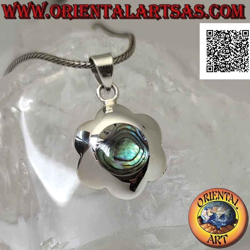 Silver pendant, rounded flower with central round abalone (paua shell)