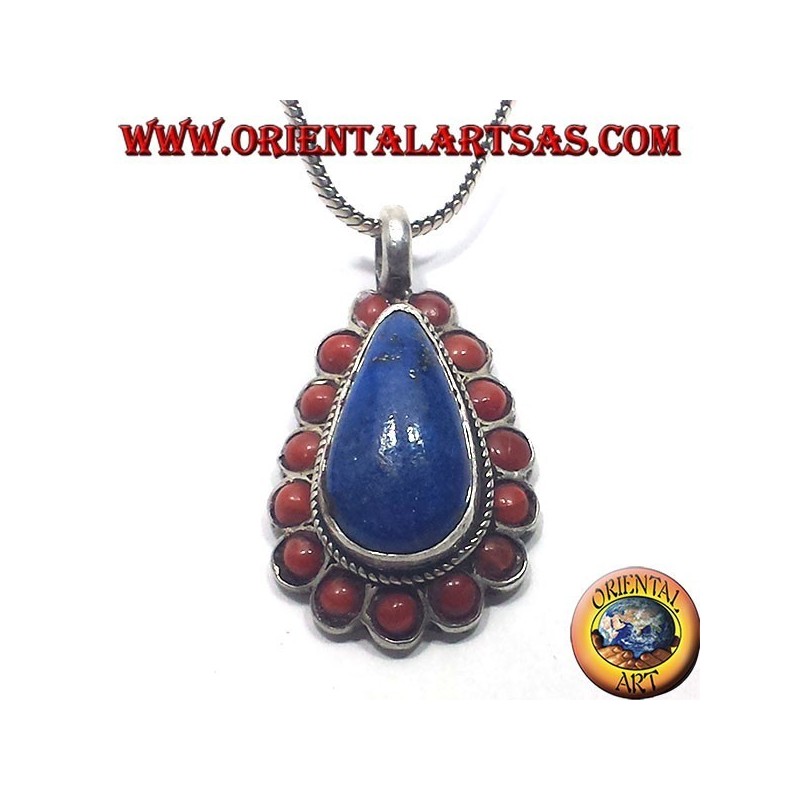 Silver Pendant Lapis drop surrounded by coral