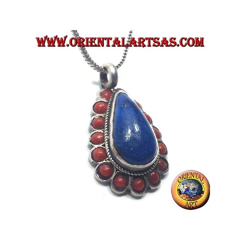 Pendentif argent Lapis goutte entouré de corail