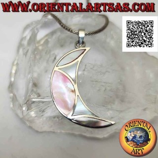 Pendentif en argent, croissant plat orné d'une mosaïque de nacre multicolore