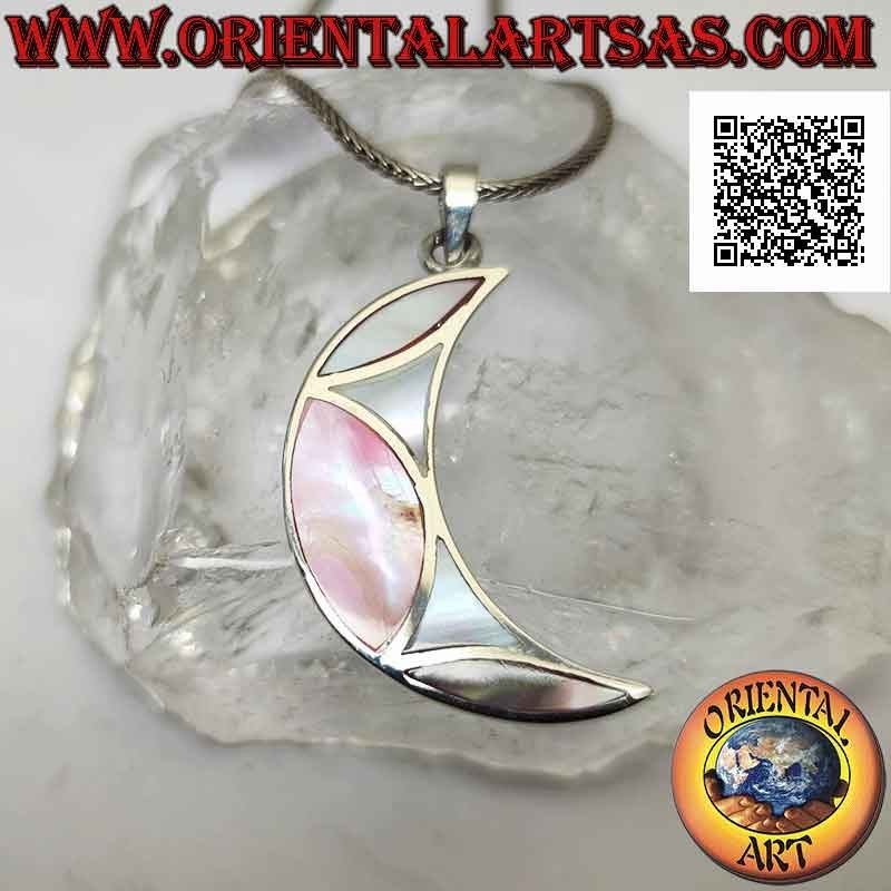 Pendentif en argent, croissant plat orné d'une mosaïque de nacre multicolore