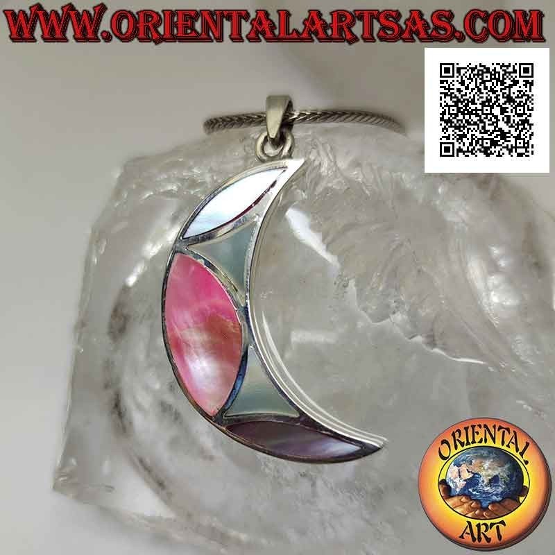 Pendentif en argent, croissant plat orné d'une mosaïque de nacre multicolore