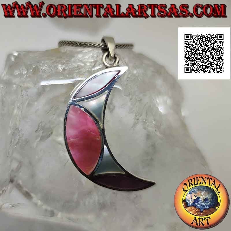 Colgante de plata, media luna plana decorada con mosaico de nácar multicolor