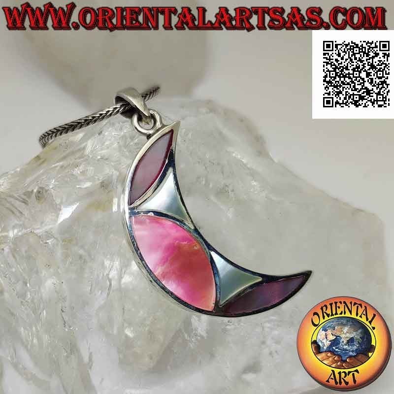 Pendentif en argent, croissant plat orné d'une mosaïque de nacre multicolore