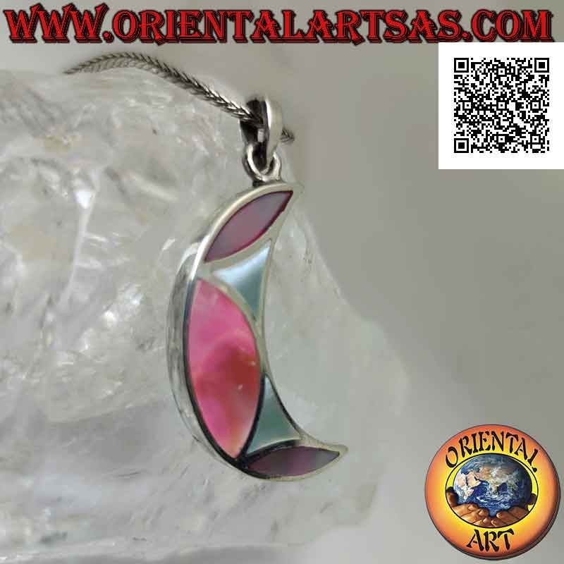 Pendentif en argent, croissant plat orné d'une mosaïque de nacre multicolore