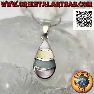 Colgante de plata, gota con bandas curvas de nácar multicolor al ras del borde