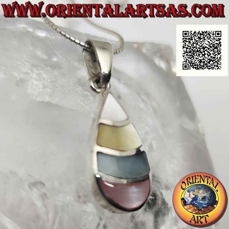 Colgante de plata, gota con bandas curvas de nácar multicolor al ras del borde