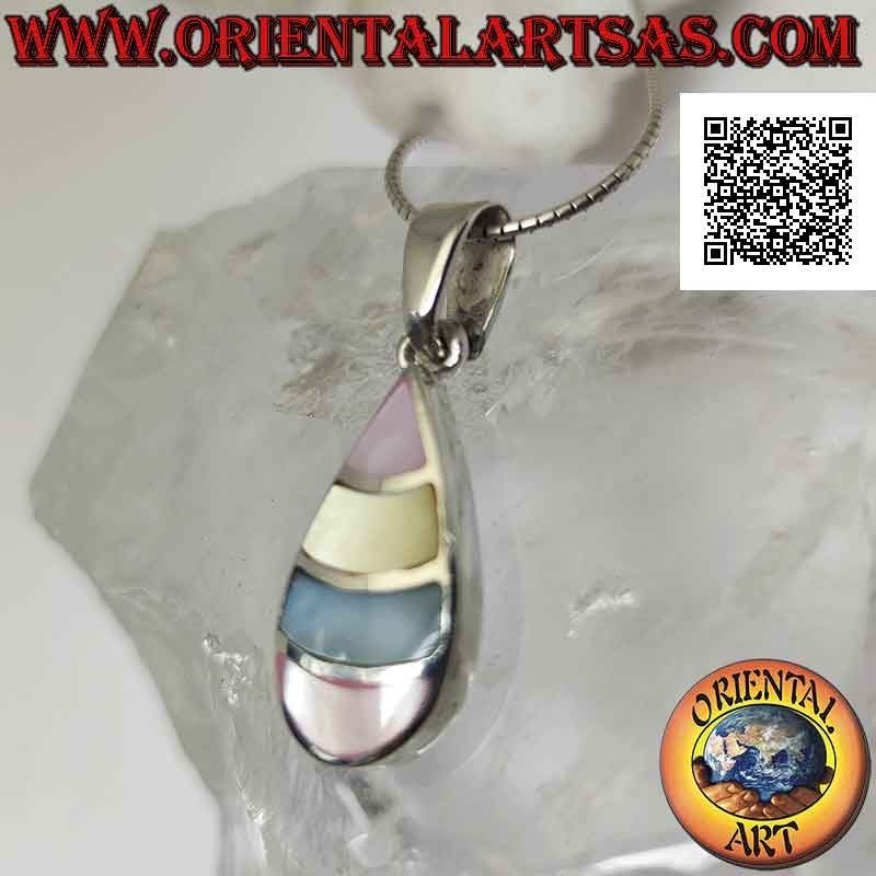 Colgante de plata, gota con bandas curvas de nácar multicolor al ras del borde