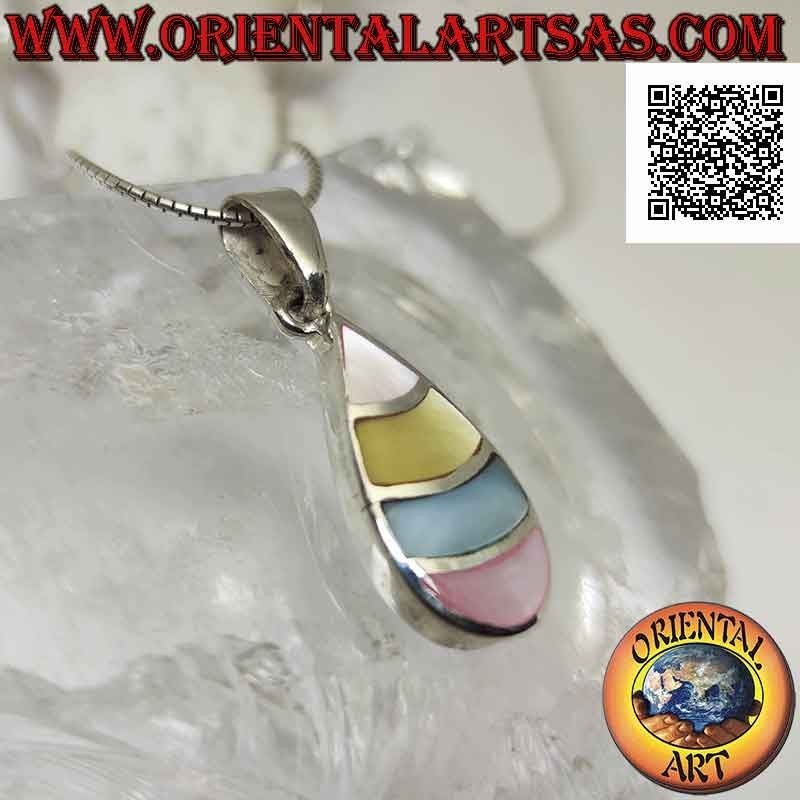 Colgante de plata, gota con bandas curvas de nácar multicolor al ras del borde