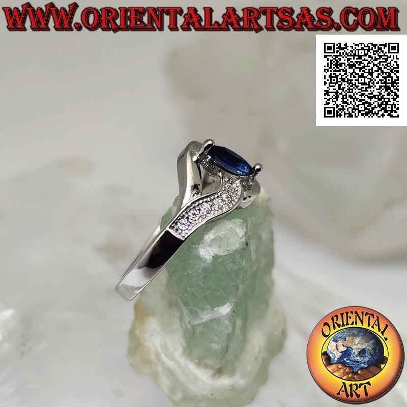 Silver ring with synthetic shuttle sapphire set between two intertwined lines (smooth and with zircons)