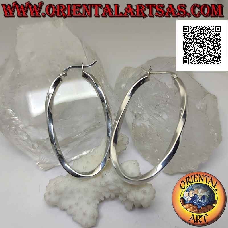 Silver earrings, smooth oval twisted circles with square section 50 x 30 mm (lever)
