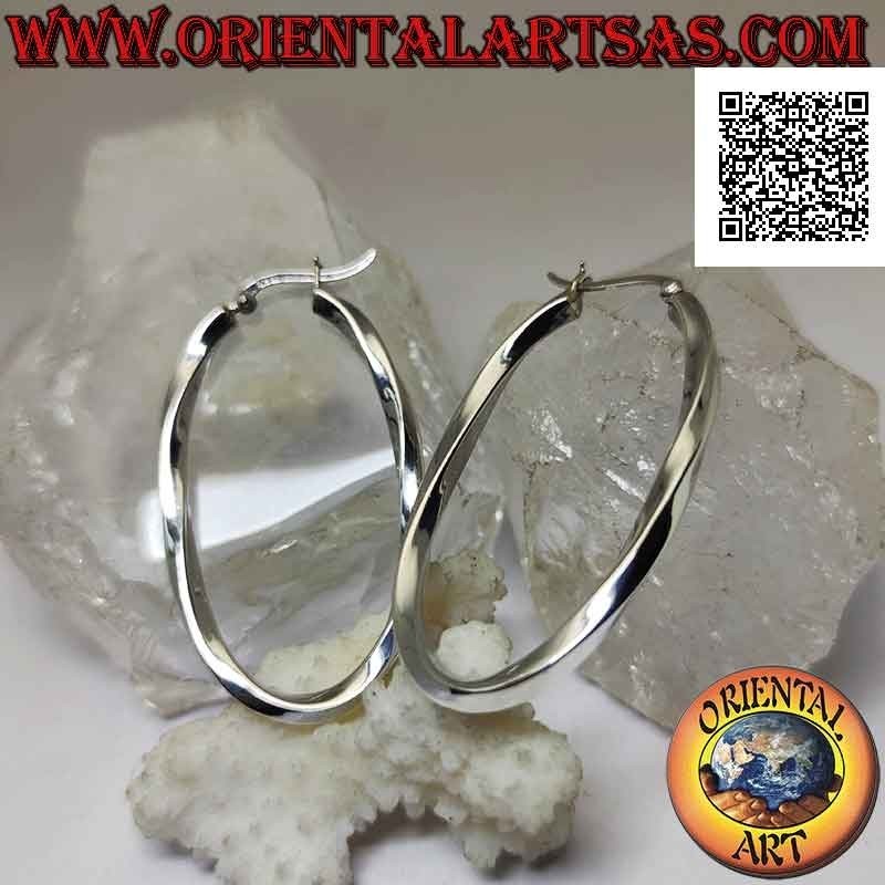 Silver earrings, smooth oval twisted circles with square section 50 x 30 mm (lever)