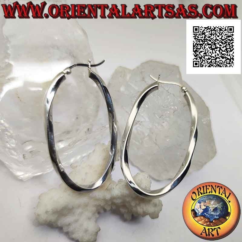 Boucles d'oreilles en argent, cercles torsadés ovales lisses à section carrée 50 x 30 mm (levier)