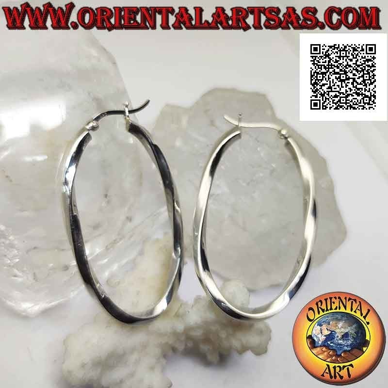 Silver earrings, smooth oval twisted circles with square section 50 x 30 mm (lever)