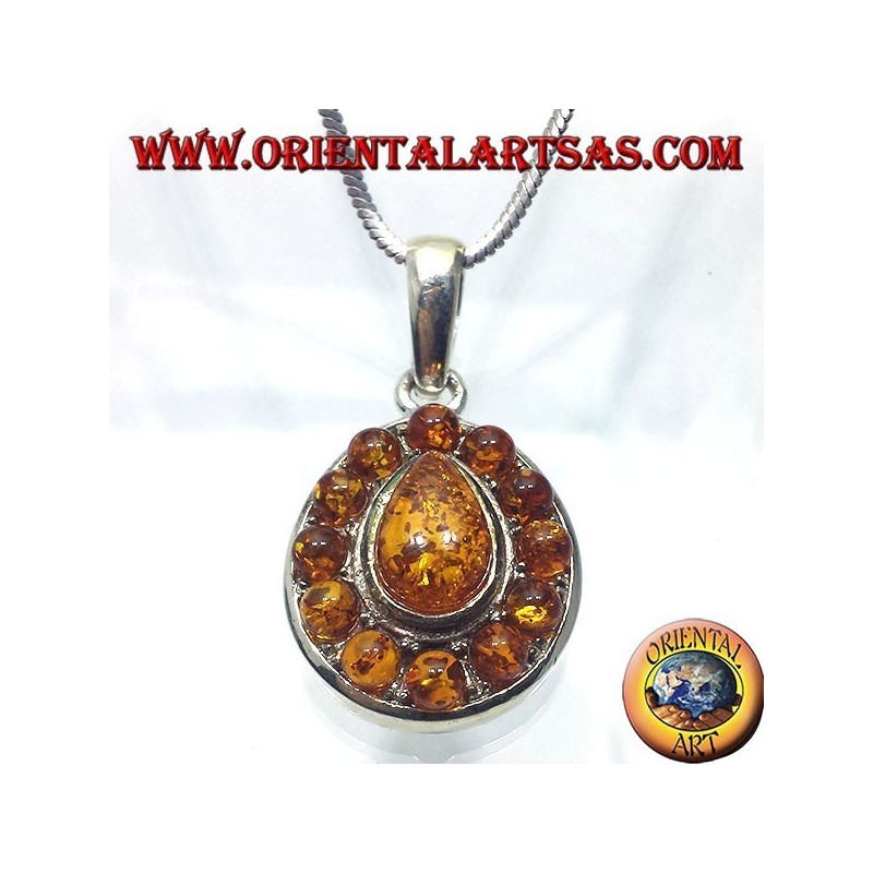 silver pendant with amber teardrop and round around