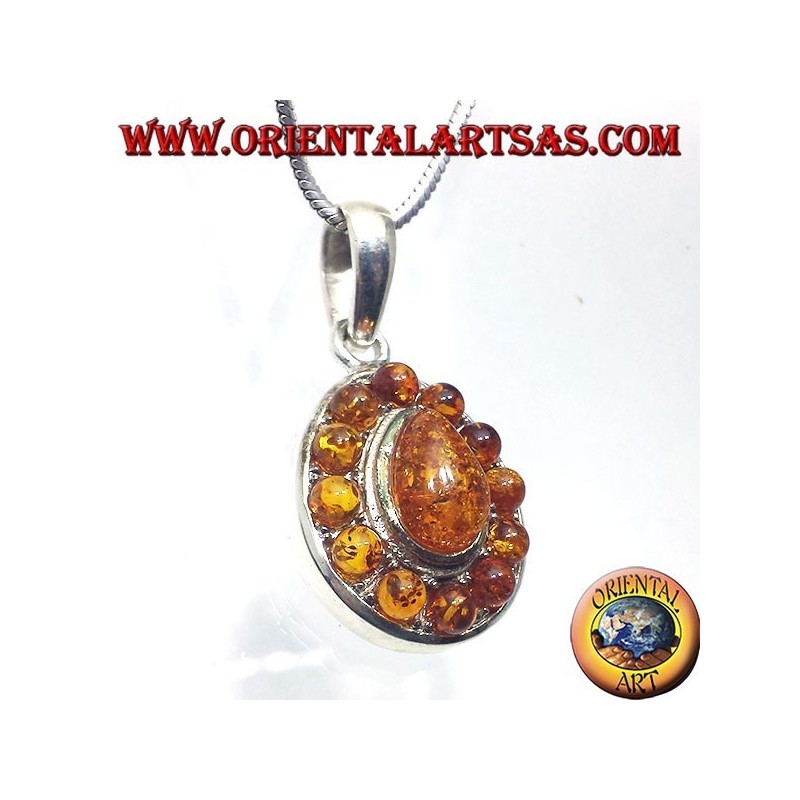 silver pendant with amber teardrop and round around