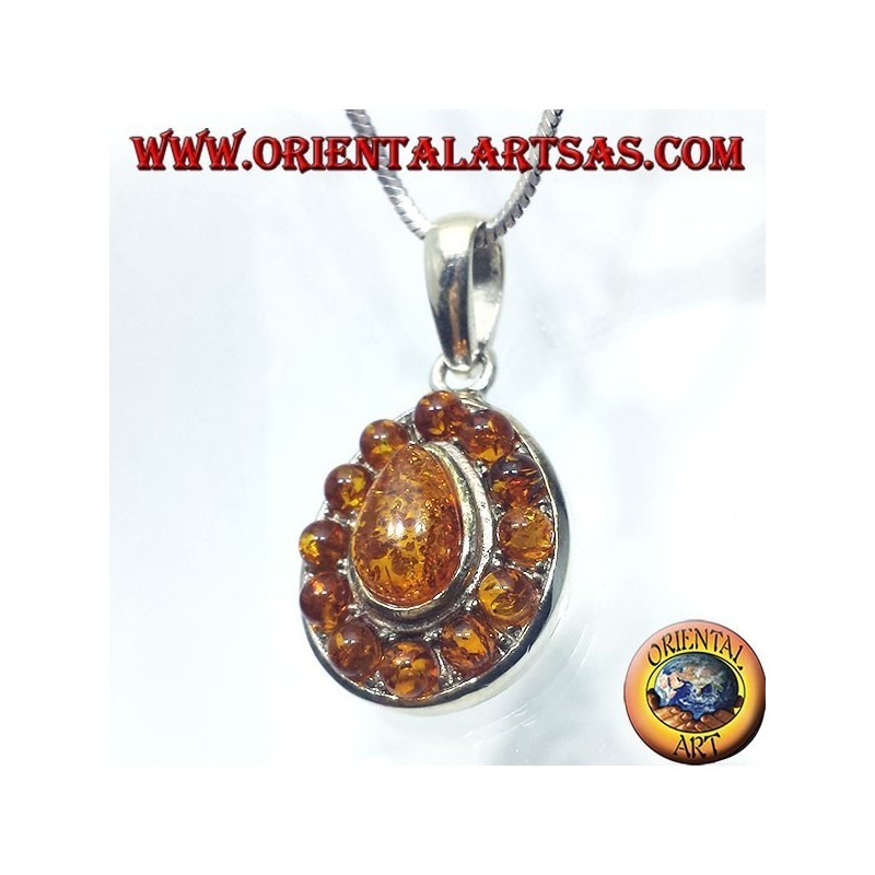 pendentif en argent avec de l'ambre teardrop et rond autour